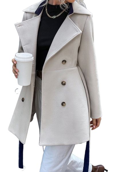 

double breasted lapel neck belted overcoat s7ia#, Black