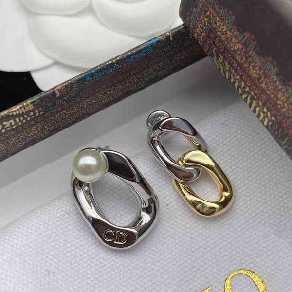 

factory outlet 2022 new letters geometric asymmetry pearl earrings female ins niche high sense, Golden