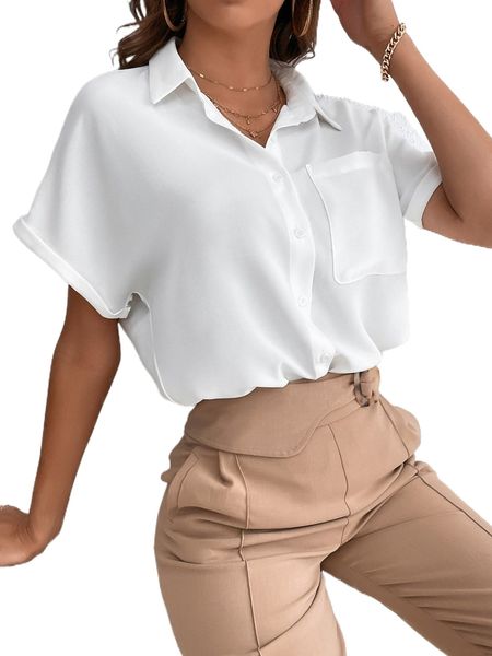 

tall batwing sleeve pocket patched shirt c9hm#, White