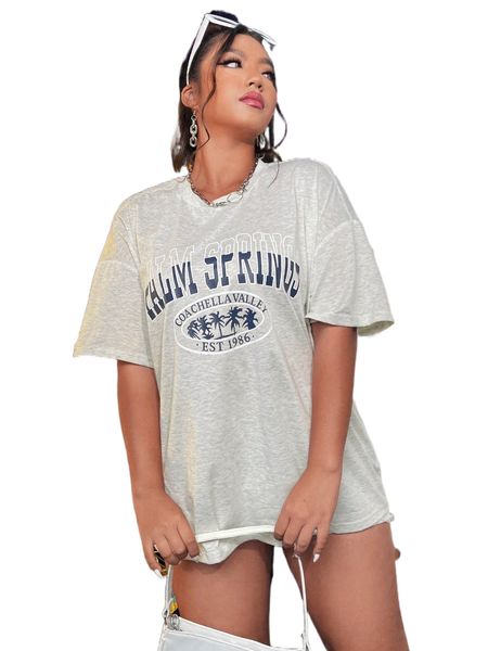 

plus letter & palm tree drop shoulder oversized tee w1cx#, Black