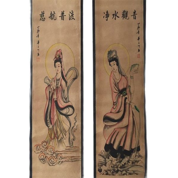 

china celebrity painting old scrolls four screen decorate guanyin painting, Silver