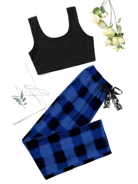 

tank & buffalo plaid bow detail pants pj set l6gd#, Black;red