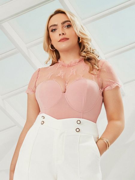 

plus lace insert bustier bodysuit a71n#, Black