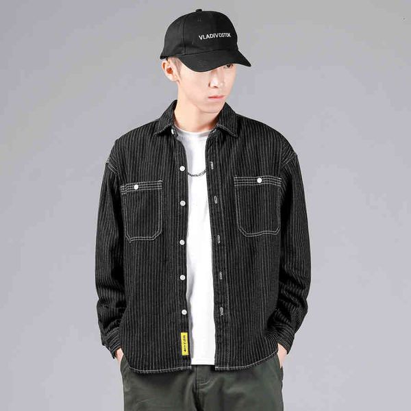 

men's jackets 2022 spring casual lapel men's denim shirt black vertical strip loose coat fashion ir4g, Black;brown