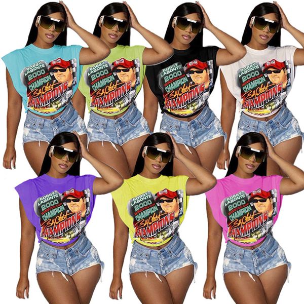 

summer graphic print side hollow out bandage t-shirts for womens sleeveless hip hop street casual loose tees tshirt s2268, White