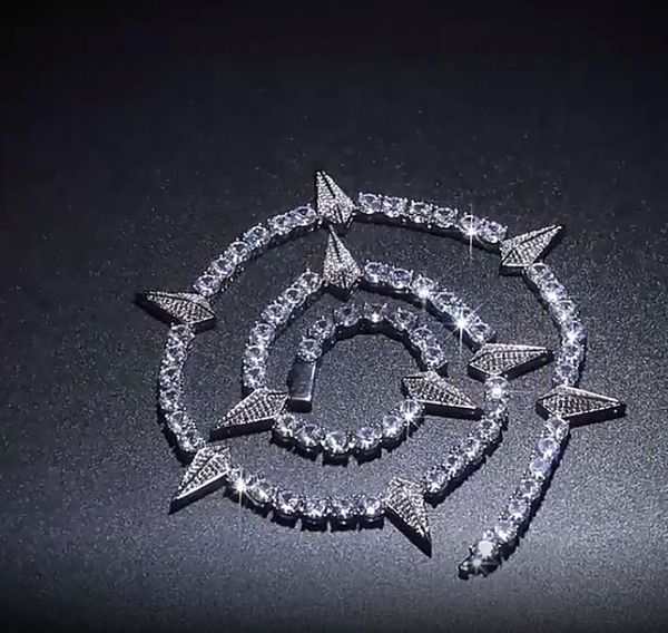 

14k white gold pyramid geometric pendant tennis chain real solid icy choker necklaces cubic zirconia trendy jewelry for women men, Silver