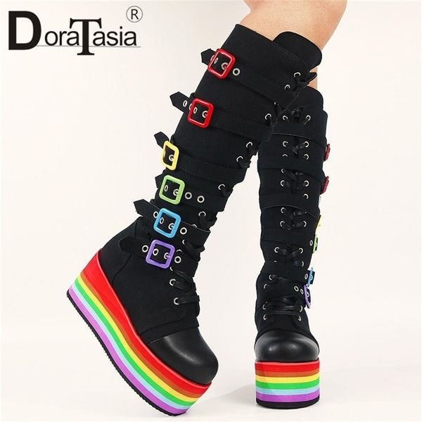 

brand design ladies multicolor platform boots fashion buckle punk wedges high heels womens boots party cosplay shoes woman 220815, Black