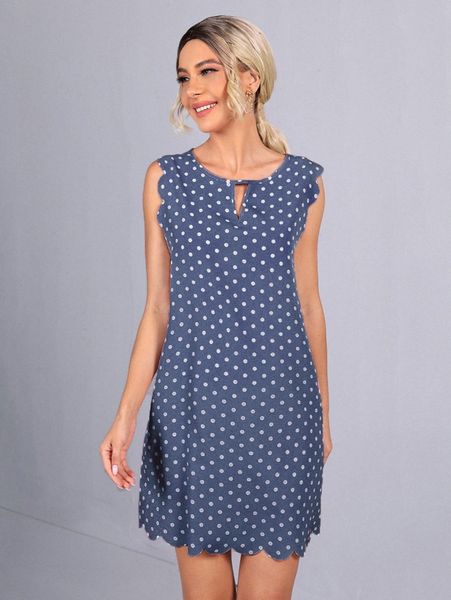 

polka dot scallop trim dress a06j#, Black;gray