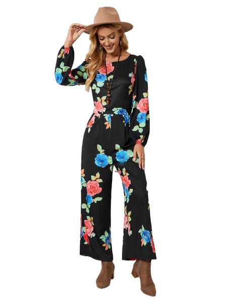 

floral print puff sleeve jumpsuit w9a8#, Black;white