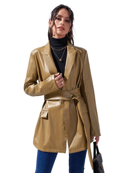 

open front belted pu leather blazer a1gg#, White