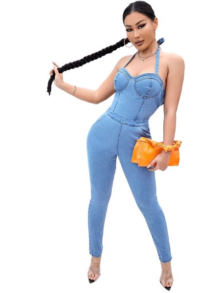

sxy backless zipper back halter denim unitard jumpsuit l1ee#, Black;white