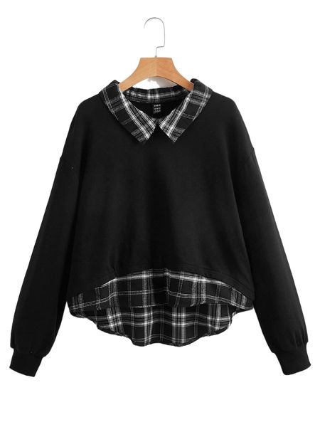 

contrast tartan print collar & hem sweatshirt q0jg#, Black