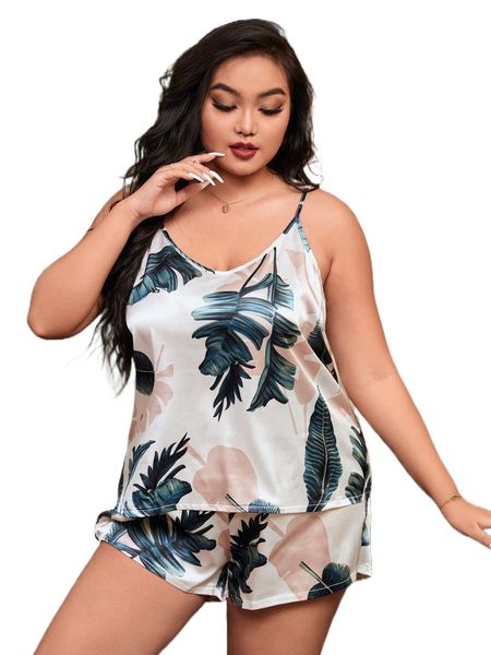 

plus tropical print satin pj set o8ok#, Black;white