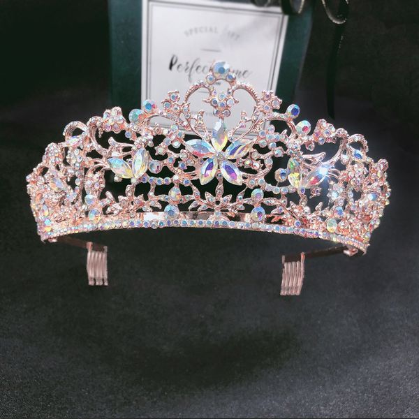 

baroque vintage rose gold color crystal flowers bridal tiaras crown rhinestones pageant crowns with comb wedding hair accessories 220804, Slivery;golden