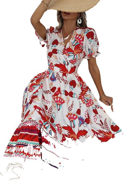 

floral print ruffle trim puff sleeve dress x7bu#, Black;gray