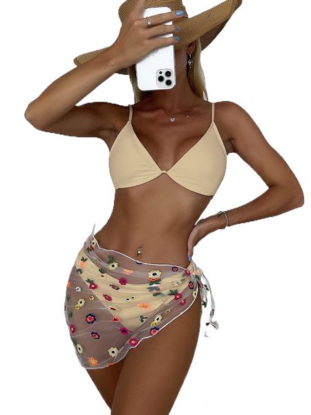 

3pack plain underwire bikini swimsuit & flower embroidery beach skirt l3nr#, White;black