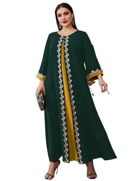 

plus floral embroidery contrast trim dress l8nv#, Black