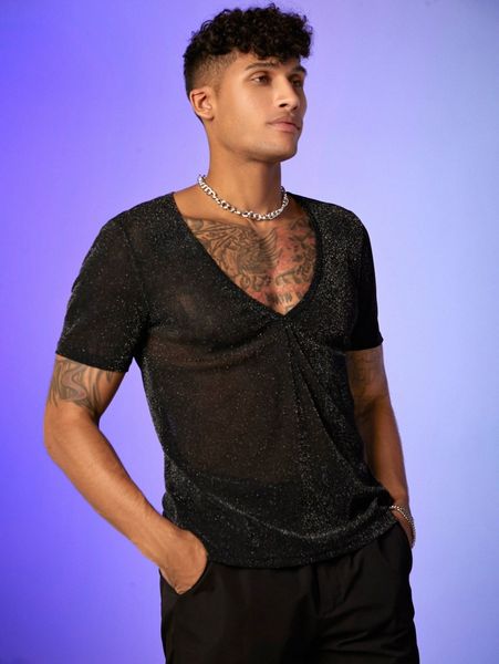 

men v-neck glitter semi-sheer tee e4aw#, White;black