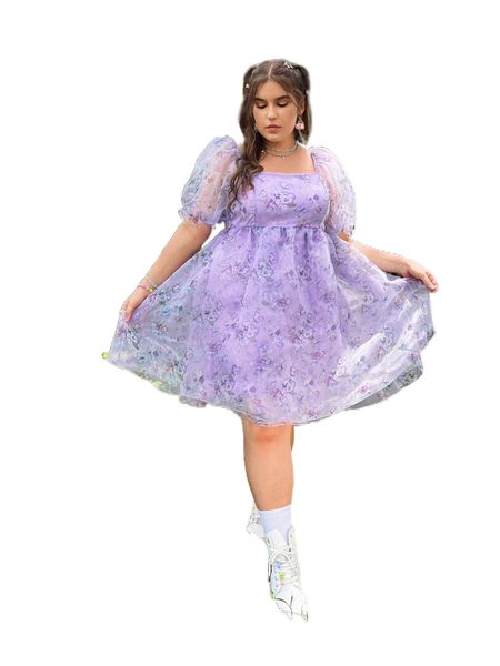 

plus floral print square neck puff sleeve organza dress o7gm#, Black