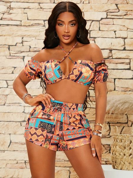 

sxy patchwork & baroque print cross wrap crop a8wa#, White