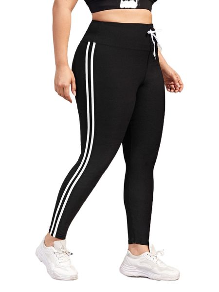 

plus side striped knot waist sports leggings u5f8#, Black