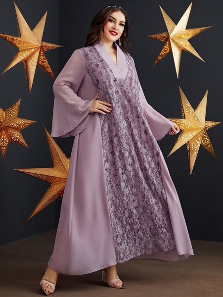 

plus contrast lace flounce sleeve maxi dress k8wk#, Black