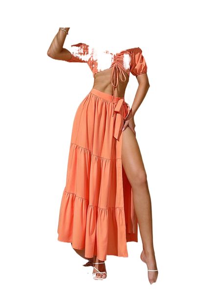 

shirred drawstring off shoulder crop & split thigh ruffle hem skirt 19cf#, White