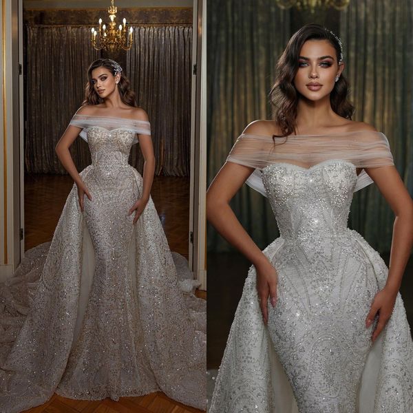 

elegant sparkle mermaid wedding dresses with detachable train sequin bridal gowns sheer neck 2022 fashion vestido de novia, White