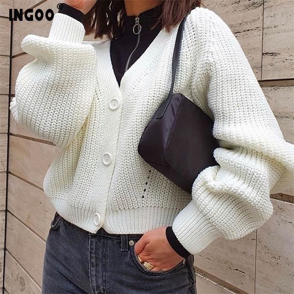 

winter knit cardigan women autumn new casual cardigans long sleeve solid cream color v neck loose short sweater 210204, White;black