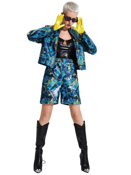 

paisley print pu leather shorts c71n#, White;black