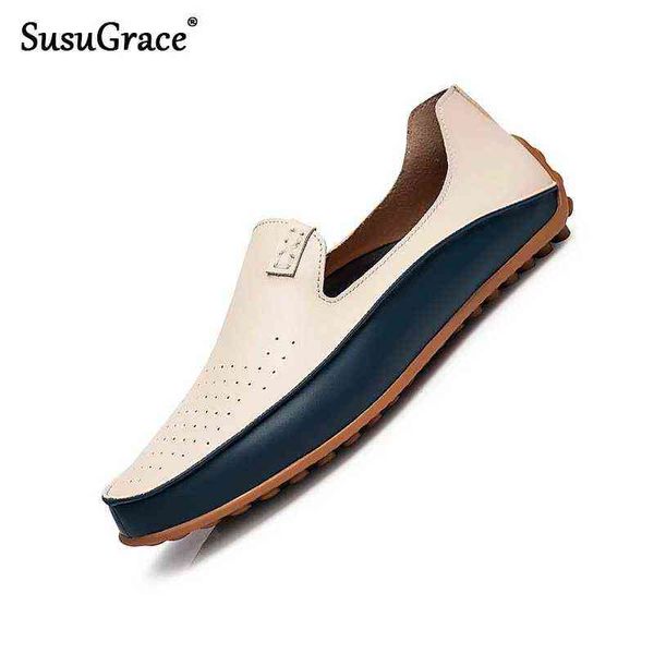 

dres shoe susugrace men leather casual slip summer flat slip on breathable moccasin hombre autumn soft drive shoe outdoor size 47 220723, Black
