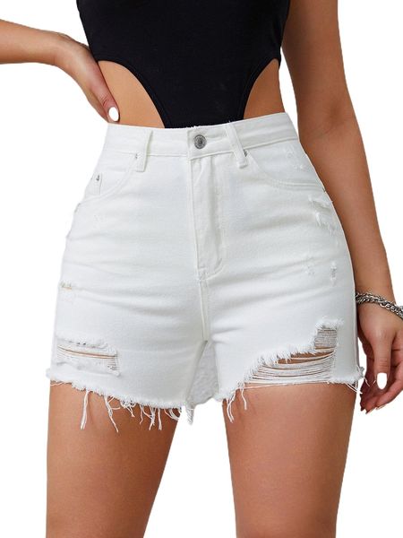 

high waist ripped raw trim denim shorts k81z#, White;black
