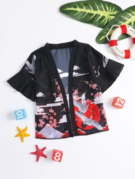 

toddler girls allover print kimono she, White;black