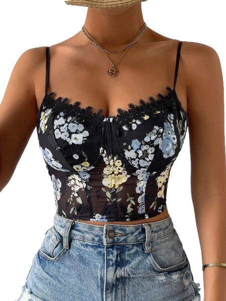 

floral print mesh panel guipure lace appliques bustier cami q67p#, White