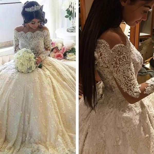 

elegant winter bateau neck sheer long sleeves lace ball gown wedding dresses beaded pearls chapel train wedding bridal gowns, White