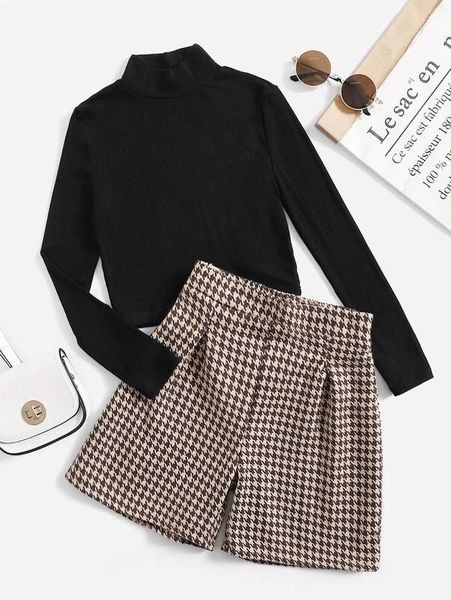 

girls mock neck & houndstooth shorts she, White