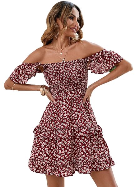 

ditsy floral shirred ruffle hem dress n9bc#, Black;gray