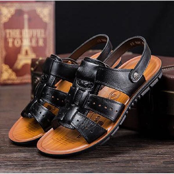 

men's sandals men's leather new fashion comfortable elastic beach shoes middle-aged and young summer slippers da044, Black