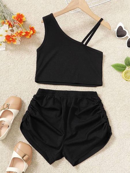 

girls asymmetrical neck & ruched shorts she, White