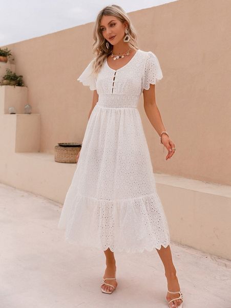 

simplee shirred waist scallop trim schiffy dress l5yc#, Black;gray