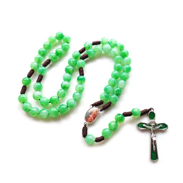 

green acrylic weave cross rosary necklace choker strand necklace women men religious jewelry, Silver