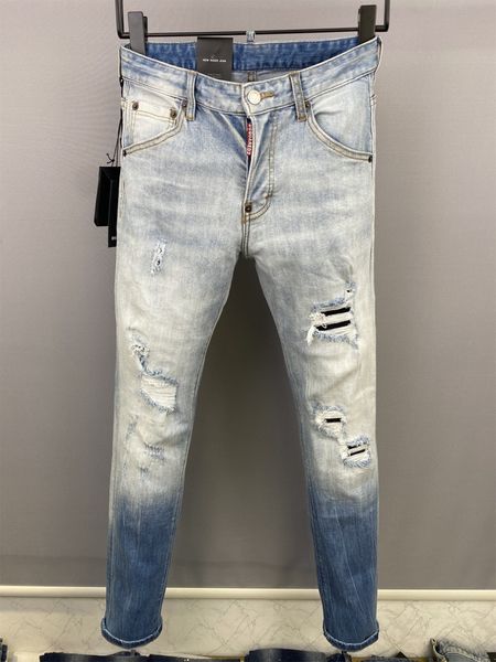 

a368 biker style men jean drape cut pure cotton blue denim leather patch dense needle thread patch environmental protection point material