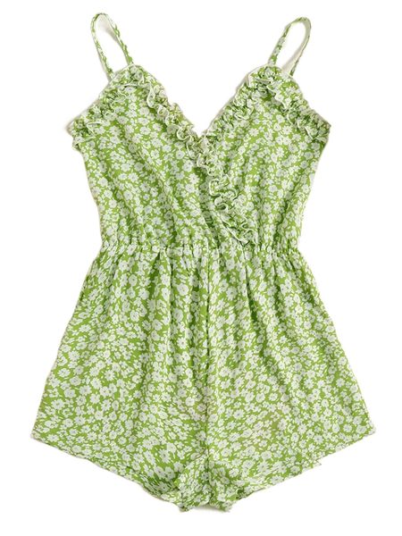

ditsy floral frilled overlap collar cami romper h4ii#, Black;white