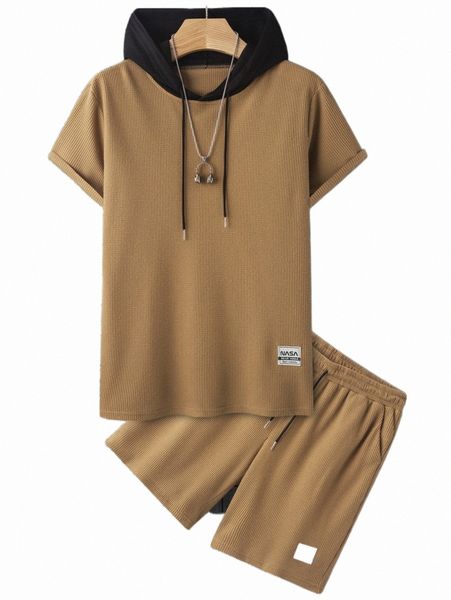 

men two tone patch detail drawstring hooded tee & shorts e5am#, Gray