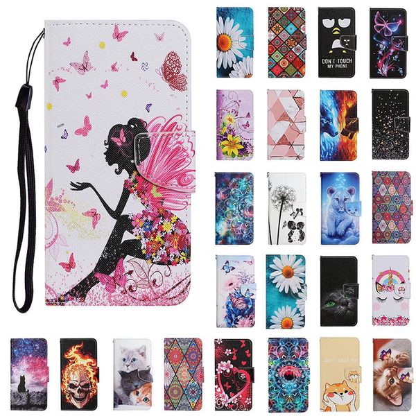 Custodie in pelle con portafoglio Flip per Samsung A33 A53 A13 A22 A12 S21FE S22 PLUS S20 Ultra Cartoon Farfalla gatto pesce teschio marmo Supporto con cinturino per slot per schede