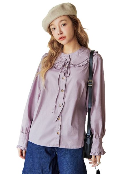 

dazy frill trim flounce sleeve shirt n24r#, White