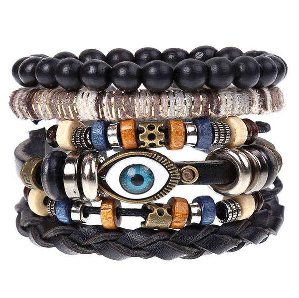 

national style leather set eye beading combination woven rope, Black