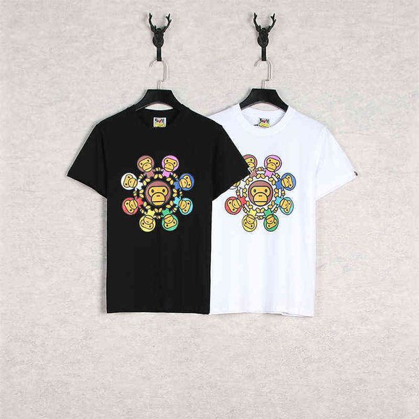 

monkey chaopai ring colorful wanhua men's and women's short sleeve round neck casual loose couple t-shirt, White;black