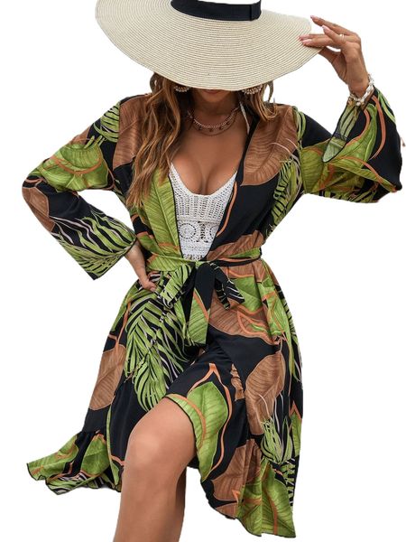 

tropical print ruffle hem belted kimono u4rp#, White;black