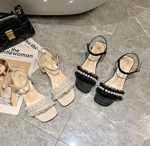 

women's pearl strappy sandals summer new chunky heel mid-heel slippers, Black